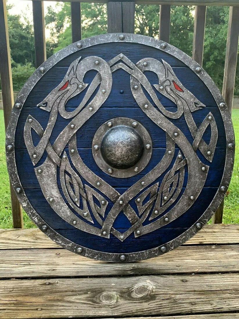 Valhalla Sea Dragon Jörmungandr Escudo vikingo auténtico desgastado por la batalla, 24"