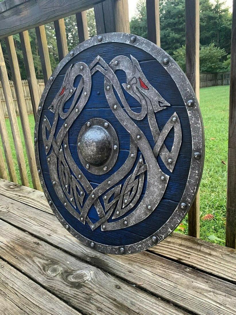 Valhalla Sea Dragon Jörmungandr Escudo vikingo auténtico desgastado por la batalla, 24"