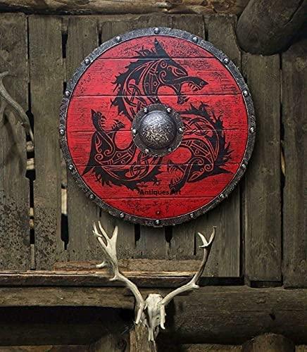 Escudo de 24 pulgadas para adultos de la época vikinga medieval, hecho a mano, de color natural, para juego de batalla, guerrero, cosplay, color rojo oscuro