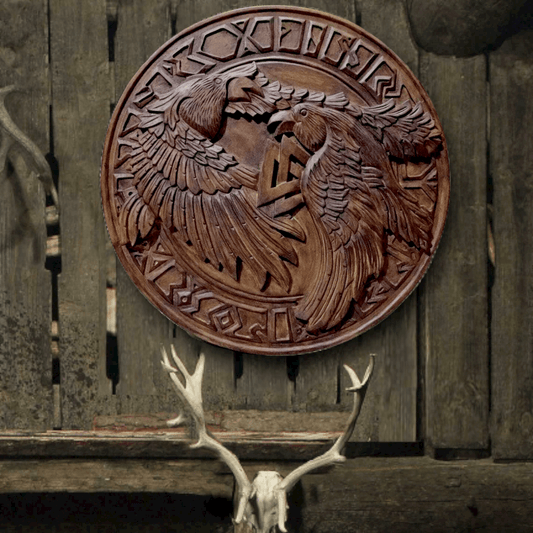 Escudo vikingo tallado a mano de Odin's Ravens y Valknut, 24" 