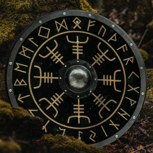 Escudo vikingo de madera lisa y acero con símbolo de yelmo de asombro, 24"