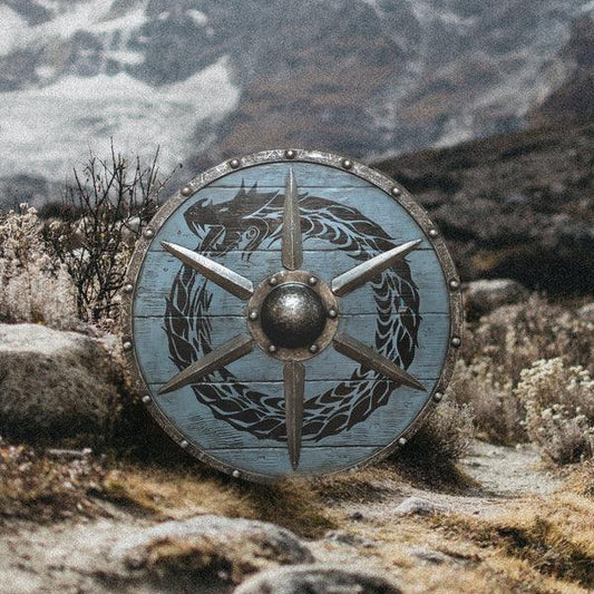 Escudo vikingo Jormungandr Plank con tirantes de acero, 24" azul