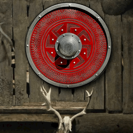 Escudo vikingo del sol eslavo Kolovrat tallado en rojo, 24" 