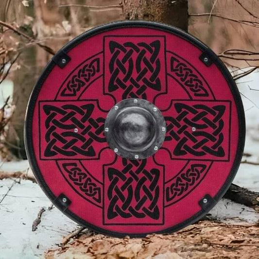 Escudo medieval rojo liso con cruz solar celta, 24" 